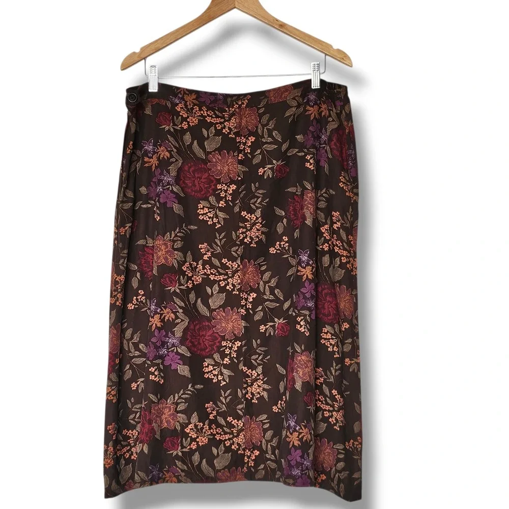 Vtg Eddie Bauer Silk Midi Skirt 16P Brown Dark Floral Earthy Fall Cottage Boho